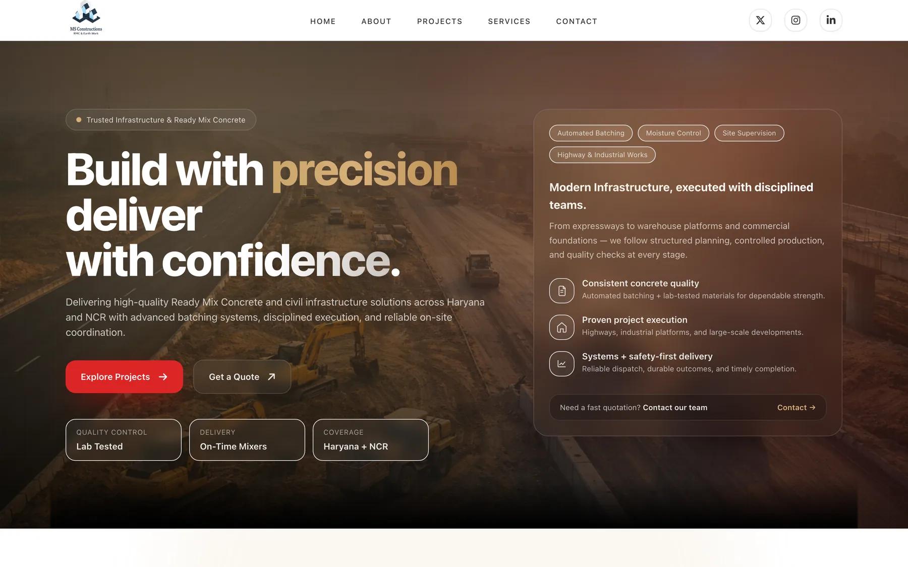MS Constructions homepage — the headline “Build with precision, deliver with confidence” over a highway construction site at dusk, beside a panel on automated batching, ready-mix concrete quality and on-time delivery across Haryana and NCR.